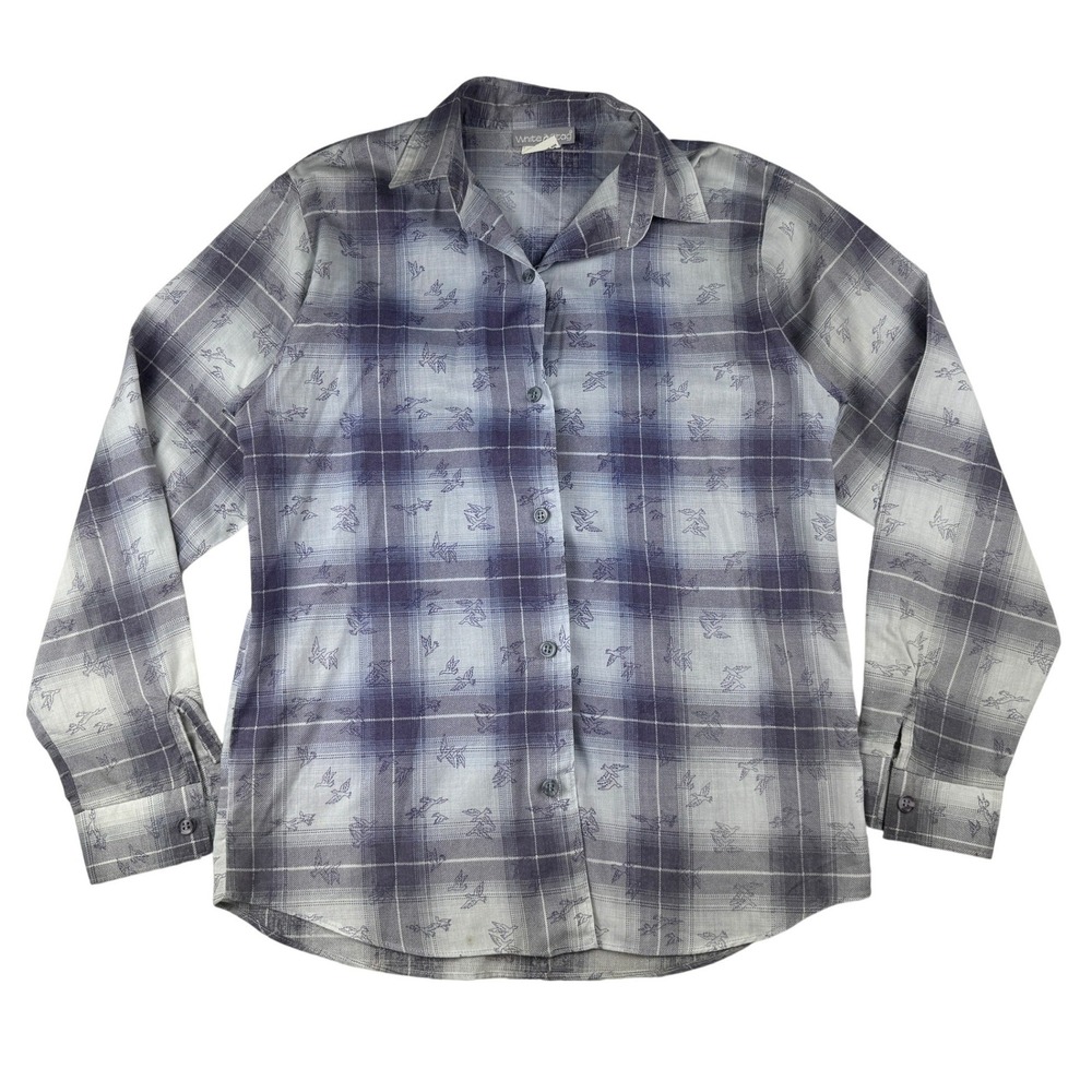 Vintage White Stag Plaid Bird Print‎ Button Down Shirt Blue Grey USA Made Large
